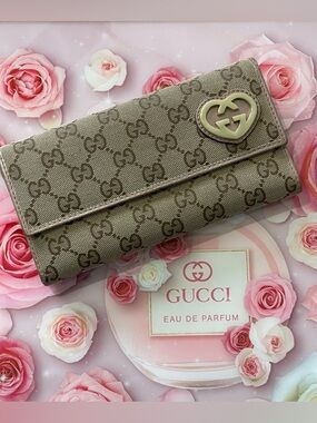 Gucci Beige/Metallic GG Canvas and Leather Lovely Heart Continental Wallet